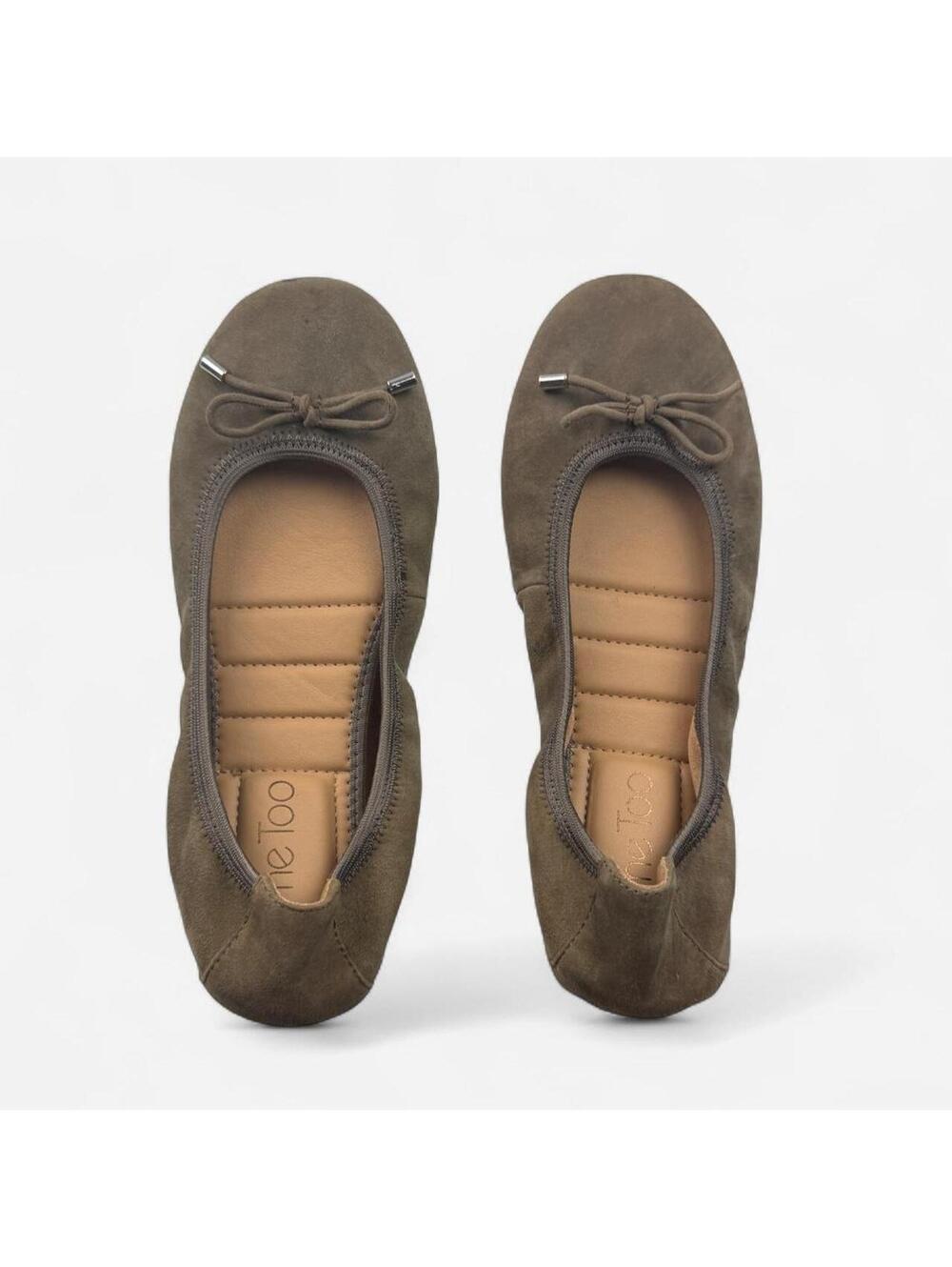 Me Too Olive Suede Bow Foldable Ballet Flats in Khaki